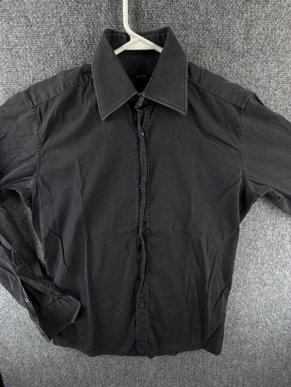 Gucci Italy Black Button Up Shirt Point Collar Size 15 Cotton Long Sleeve Solid